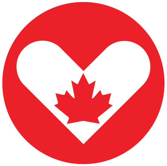 A red maple leaf, inside a white heart, inside a red circle