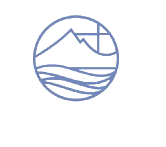 Logo of the Sisters of St. Ann: a line drawing with waves in the foreground, a mountain in the midground, and a cross in the background