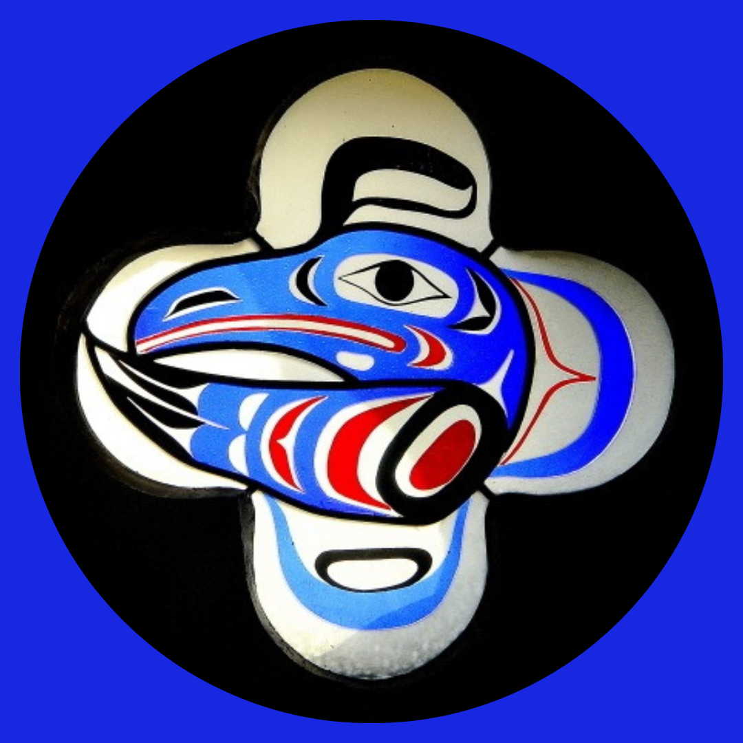 Stained glass depiction of an orca by Tim Paul (Nuu-chah-nulth)