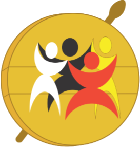 Logo of Returning to Spirit: a drum decorated with the stylized images of four people coloured black, yellow, red and white dancing together