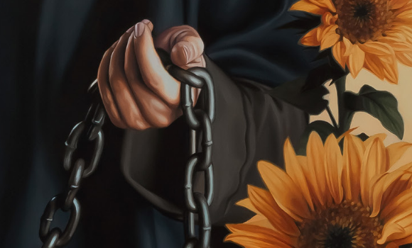 An illustration of the hand of a brown-skinned person wearing black robes and holding a chain