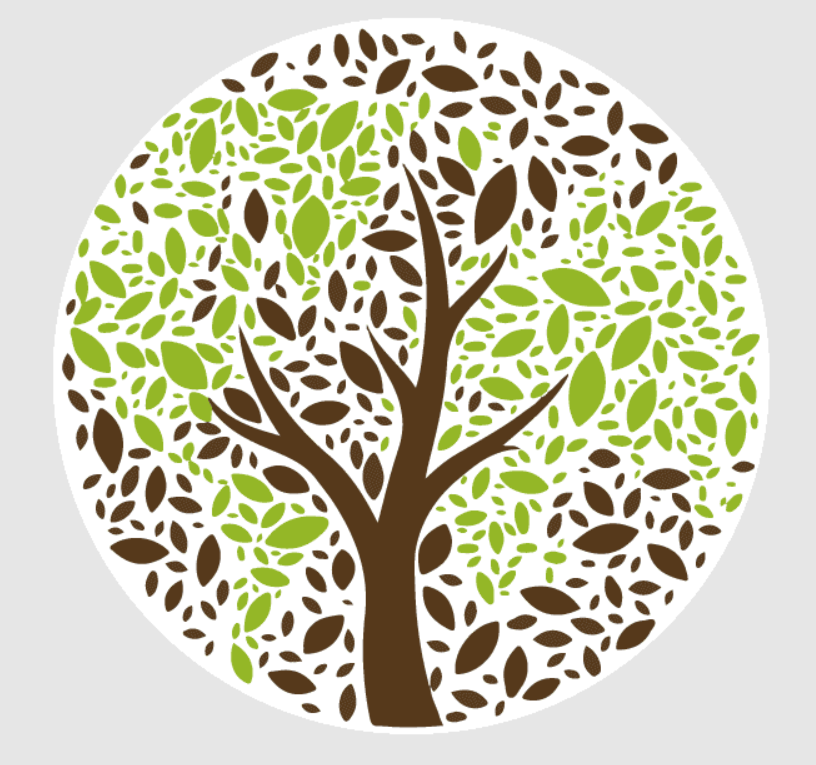 Logo of the Season of Creation: a tree trunk with a circle of green and brown leaves that form an image of the globe