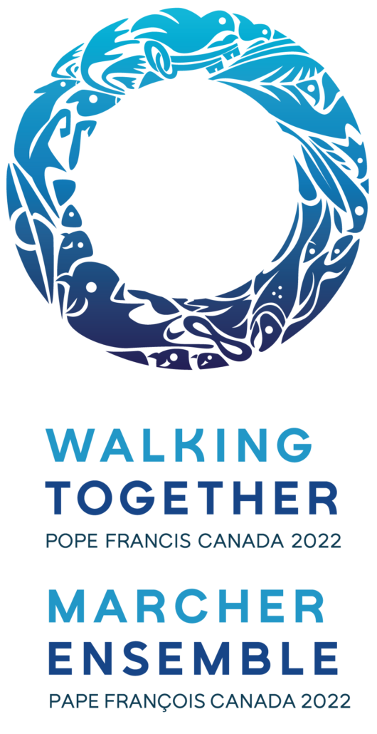 The logo of Pope Francis' 2022 visit to Canada; a circle made of silhouetted symbols including animals, the Metis symbol, and the keys of St. Peter, with the text 
