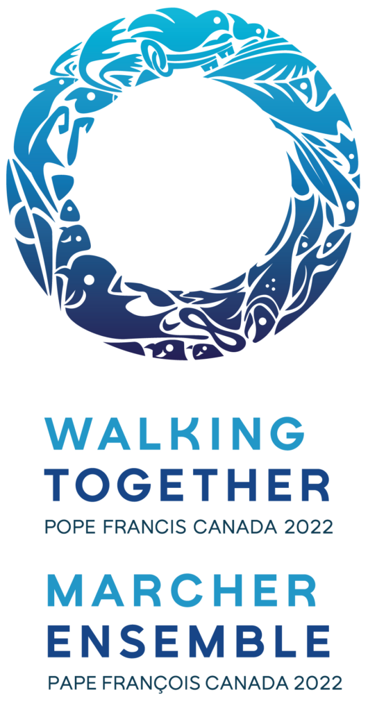 The logo of Pope Francis' 2022 visit to Canada; a circle made of silhouetted symbols including animals, the Metis symbol, and the keys of St. Peter, with the text 