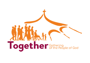 Silhouettes of a group of people travelling together under a stylized tent with the words 
